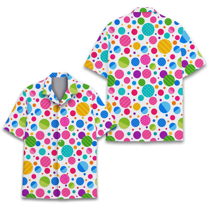Close-up view of the colorful polka dot fabric and pattern details