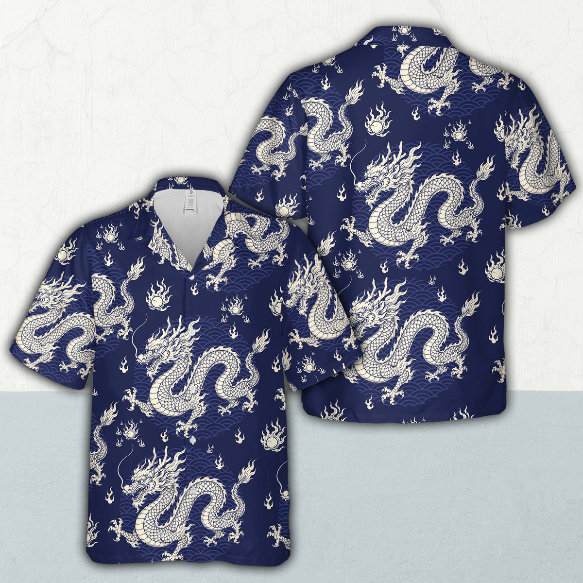 Navy blue chinese dragon hawaiian shirt featuring white traditional dragon prints, front view