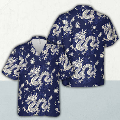 Navy blue chinese dragon hawaiian shirt featuring white traditional dragon prints, front view