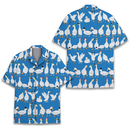 Back view of matching family hawaiian shirt with duck pattern