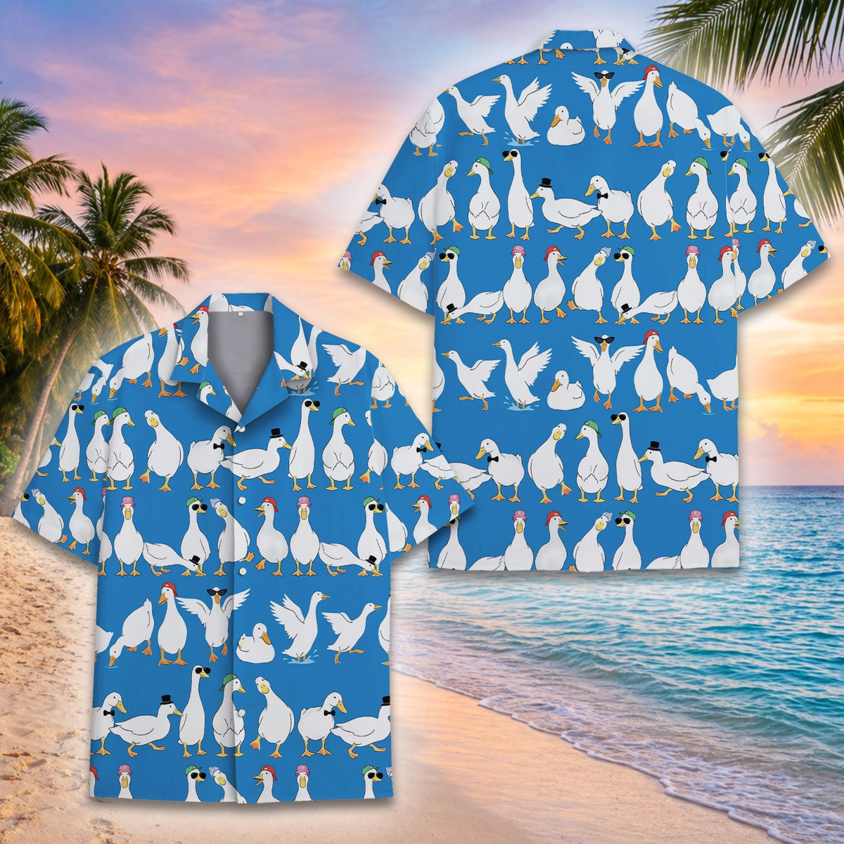 Detailed front view of matching family hawaiian shirt with ducks wearing sunglasses