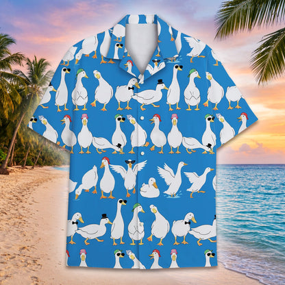 Lifestyle view of a person wearing the blue cartoon duck hawaiian shirt looking away