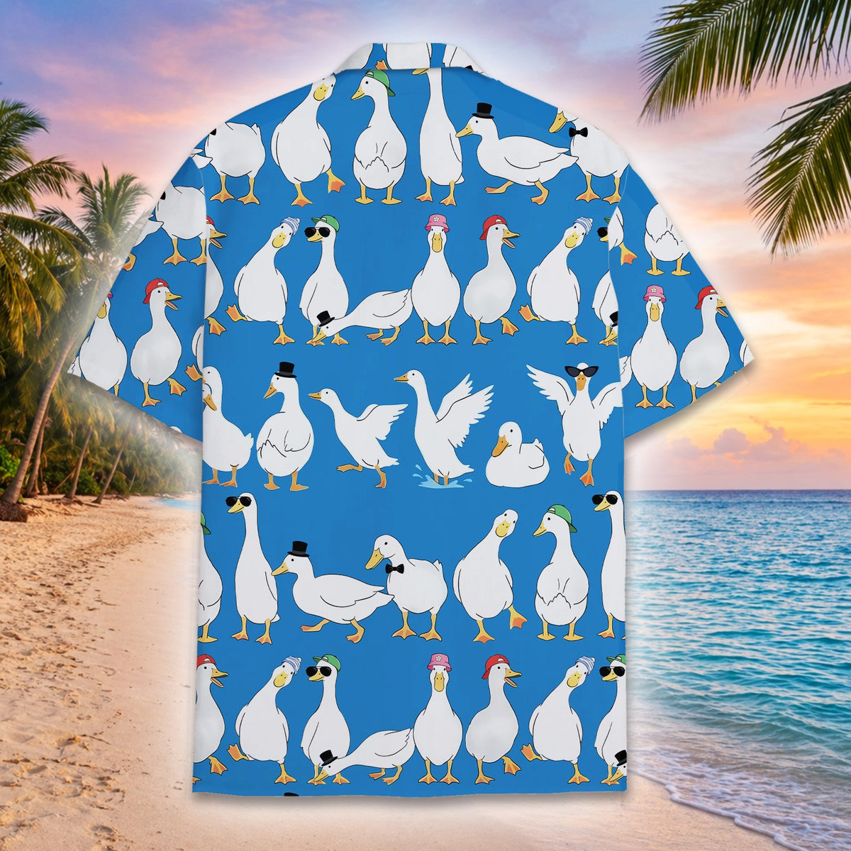 Lifestyle view of a person wearing the blue cartoon duck hawaiian shirt outdoors