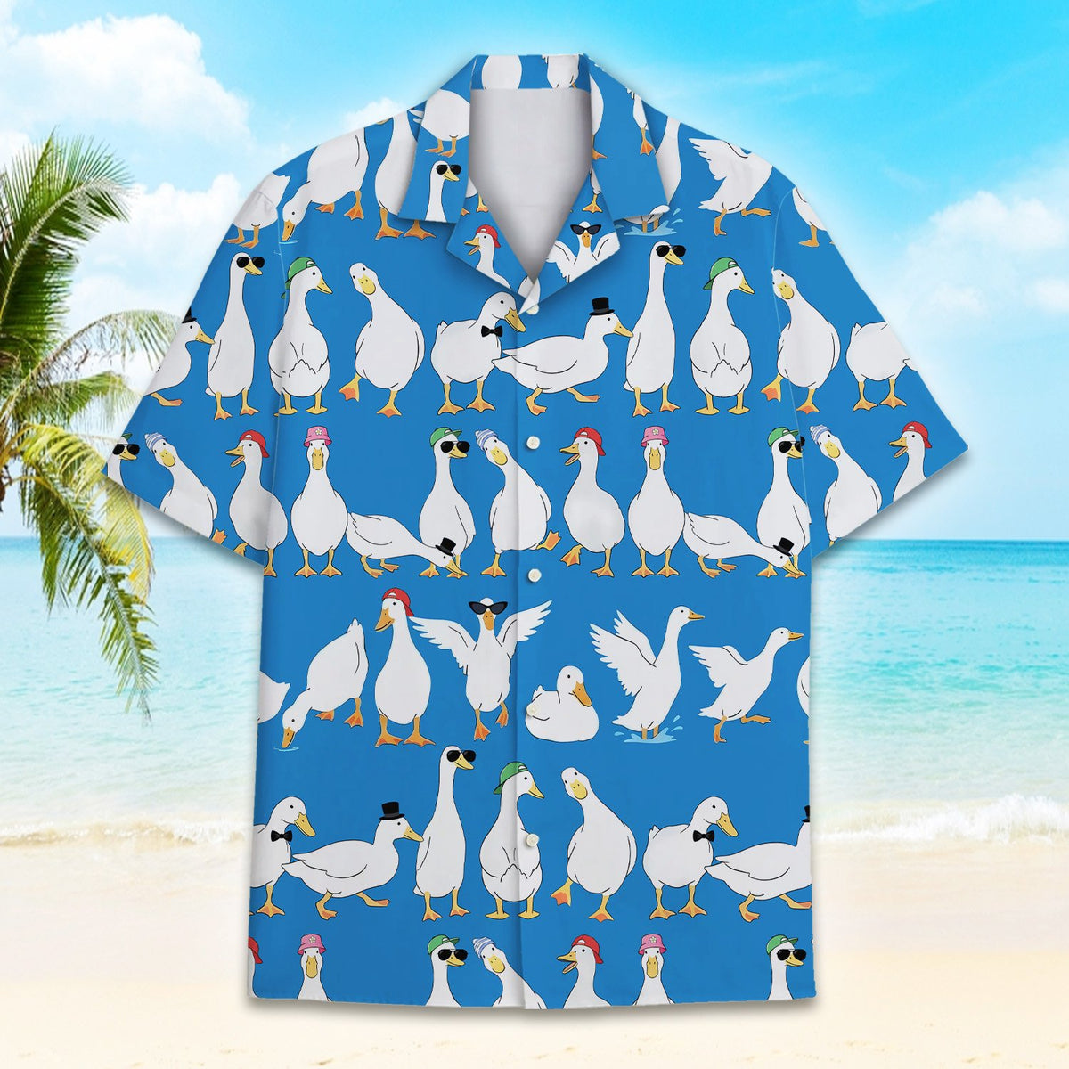 Lifestyle view of a person wearing the blue cartoon duck hawaiian shirt