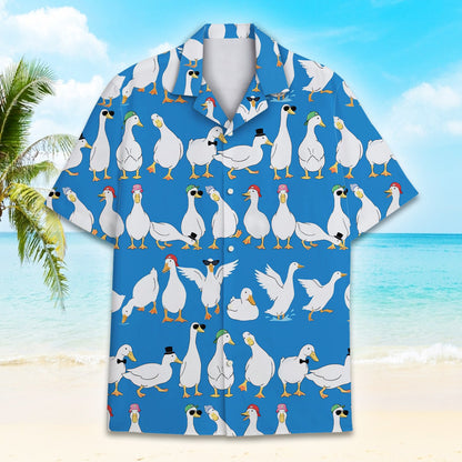 Lifestyle view of a person wearing the blue cartoon duck hawaiian shirt