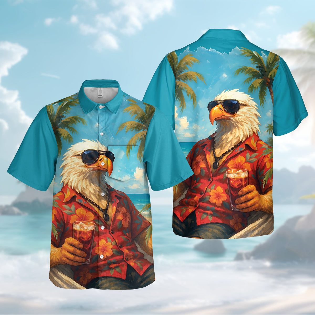 Front view of the eagle beach hawaiian shirt, alternate lighting