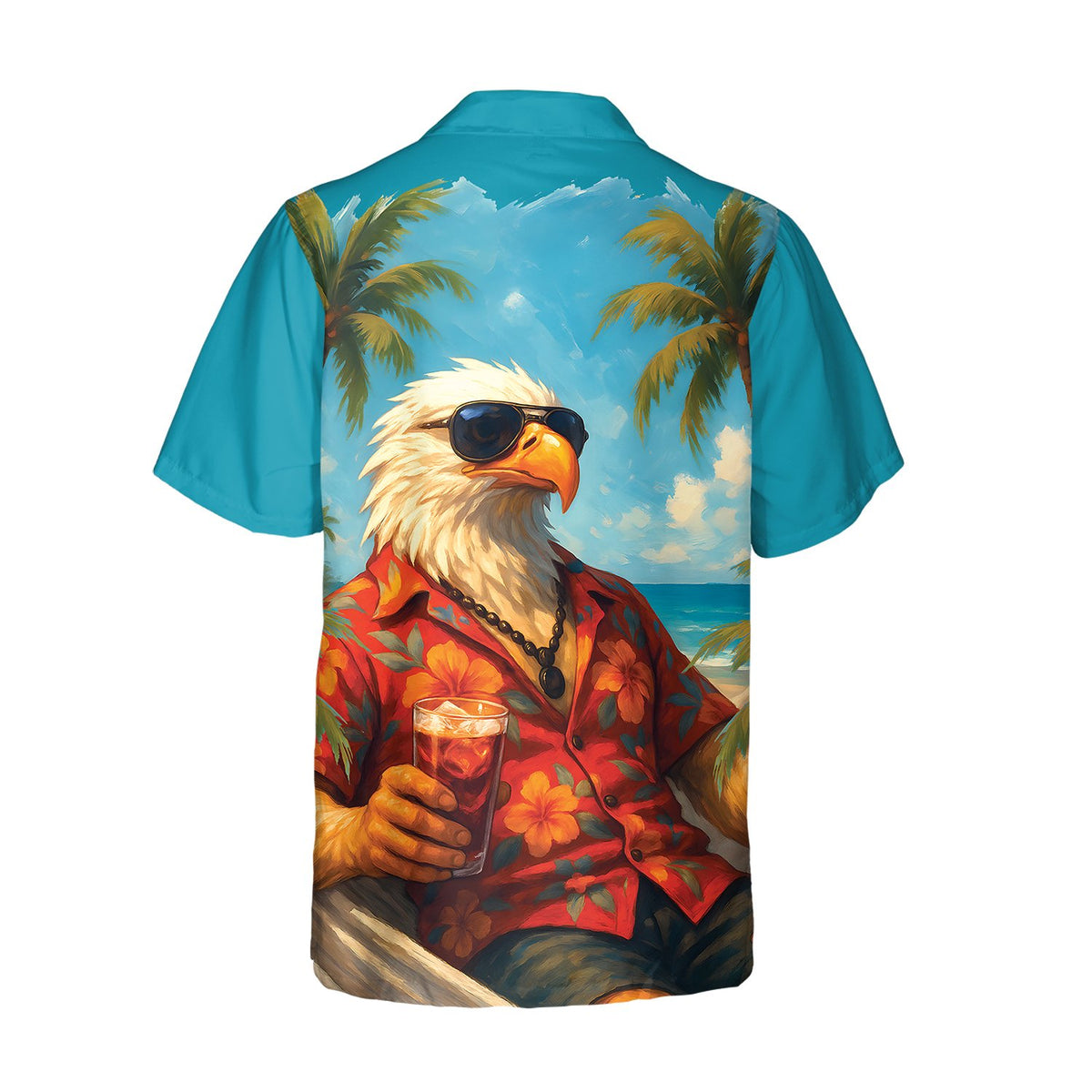 Back view of the eagle beach hawaiian shirt showing the palm tree design