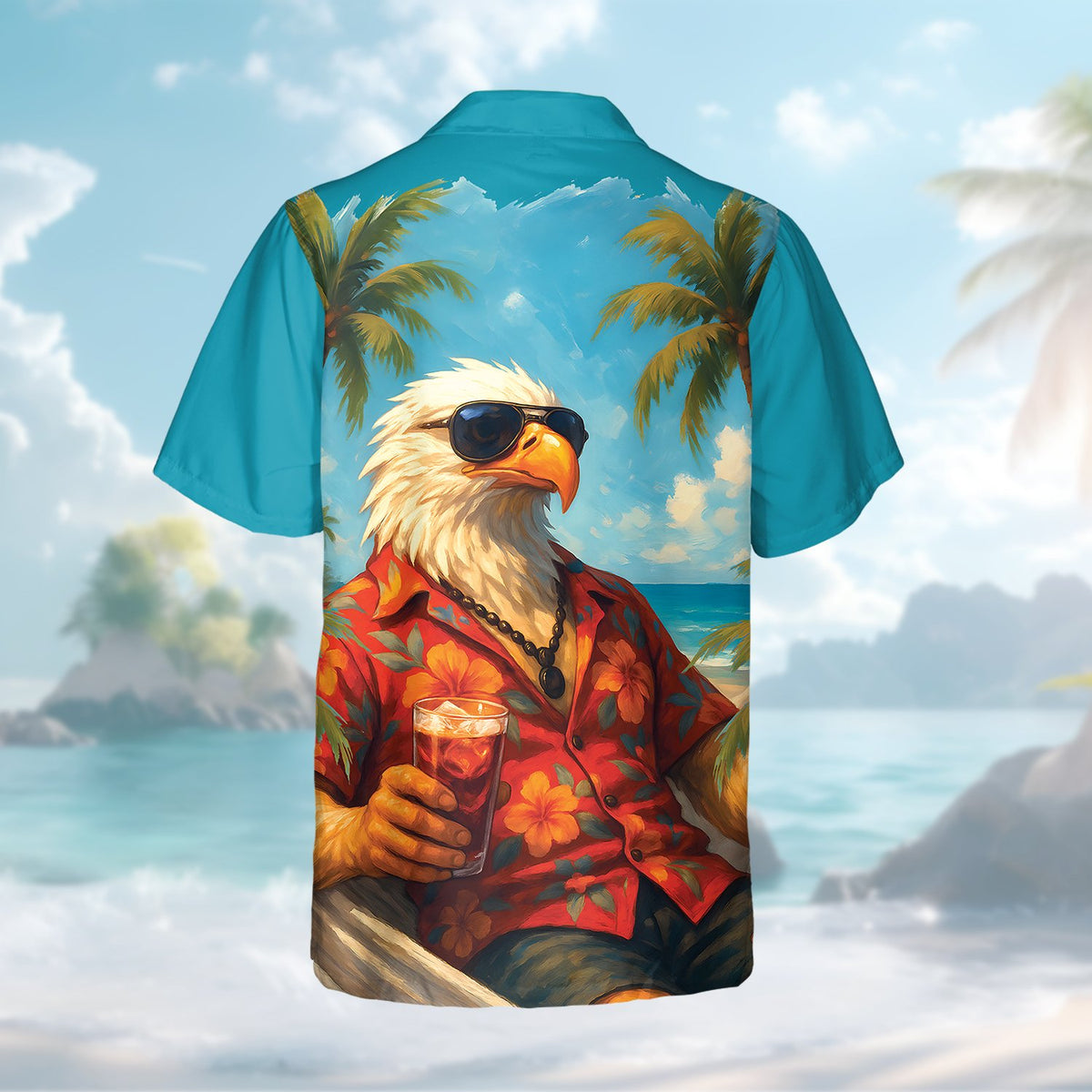 Back view of the matching family hawaiian shirt in eagle beach pattern