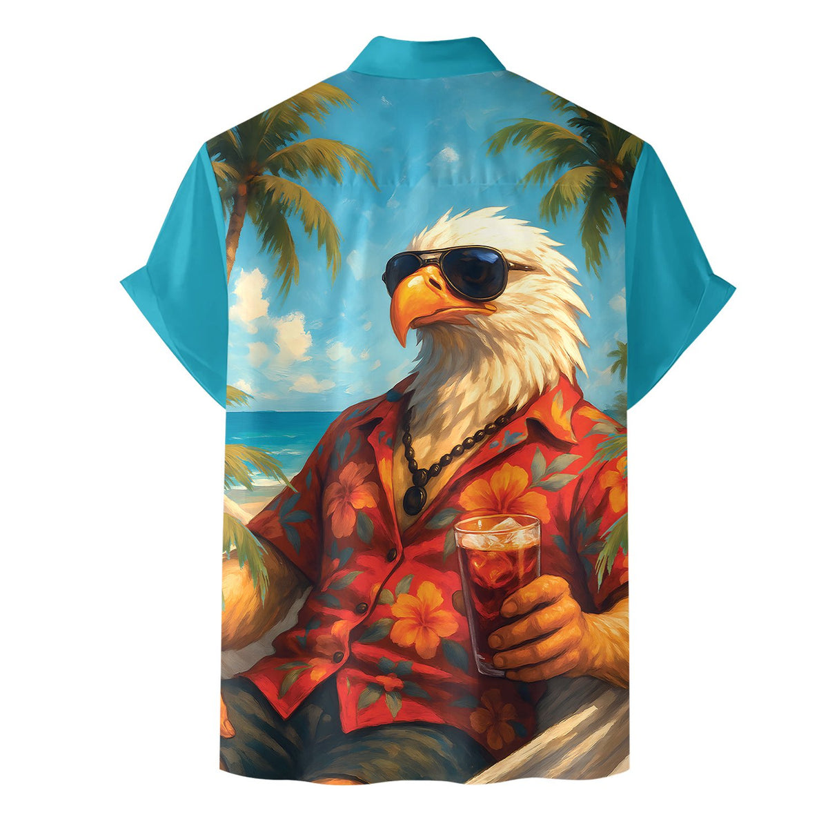 Back view of the eagle beach hawaiian shirt highlighting the sandy beach details