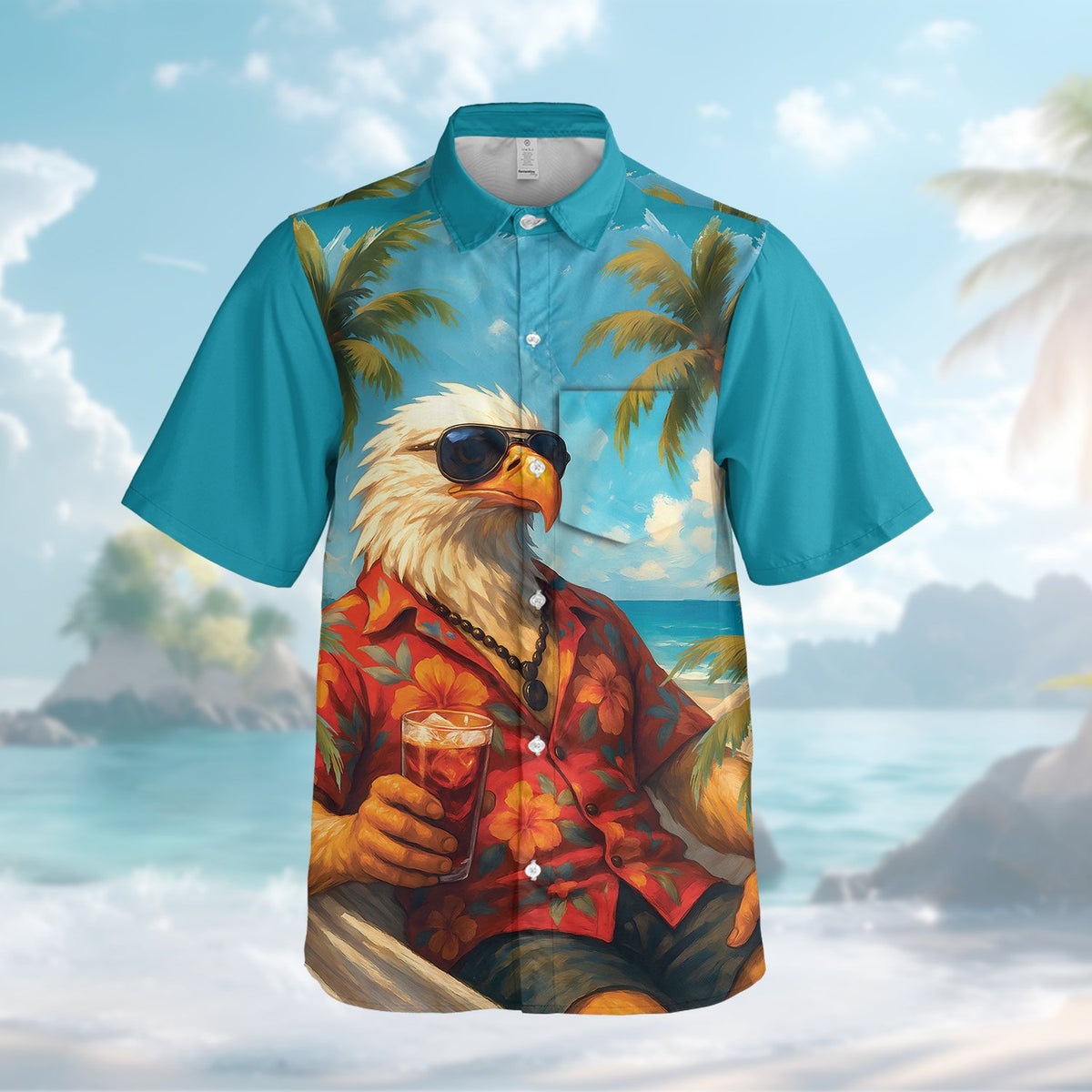 Front view of the matching family hawaiian shirt in eagle beach theme