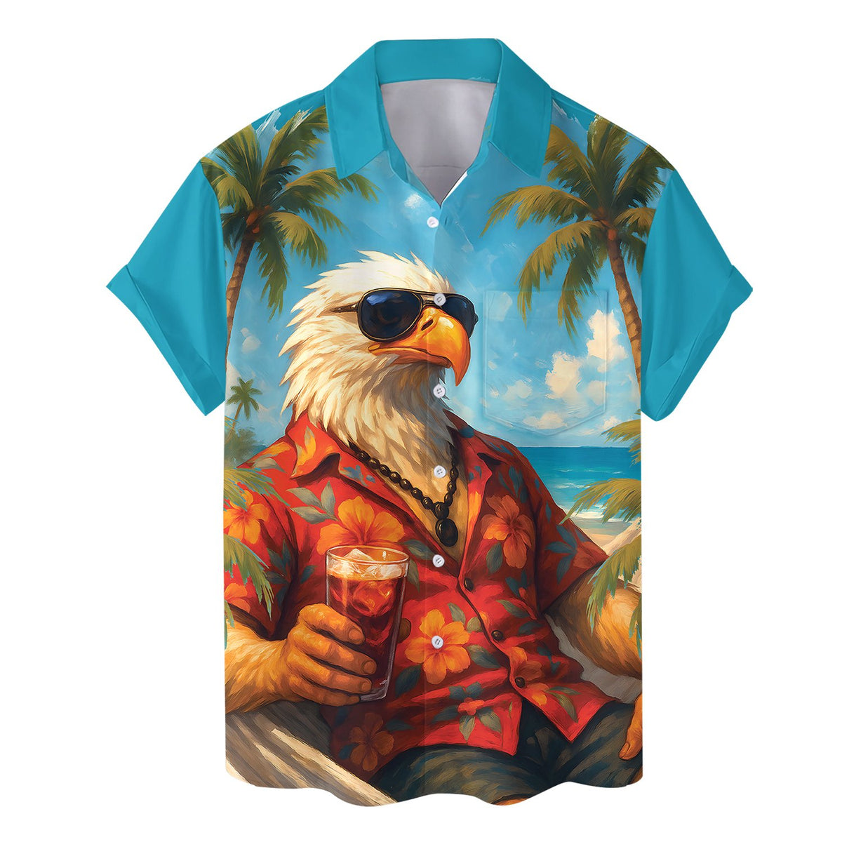 Front view of the eagle beach hawaiian shirt with ocean background detail