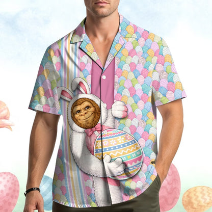 Another lifestyle view showing the easter bigfoot hawaiian shirt in action