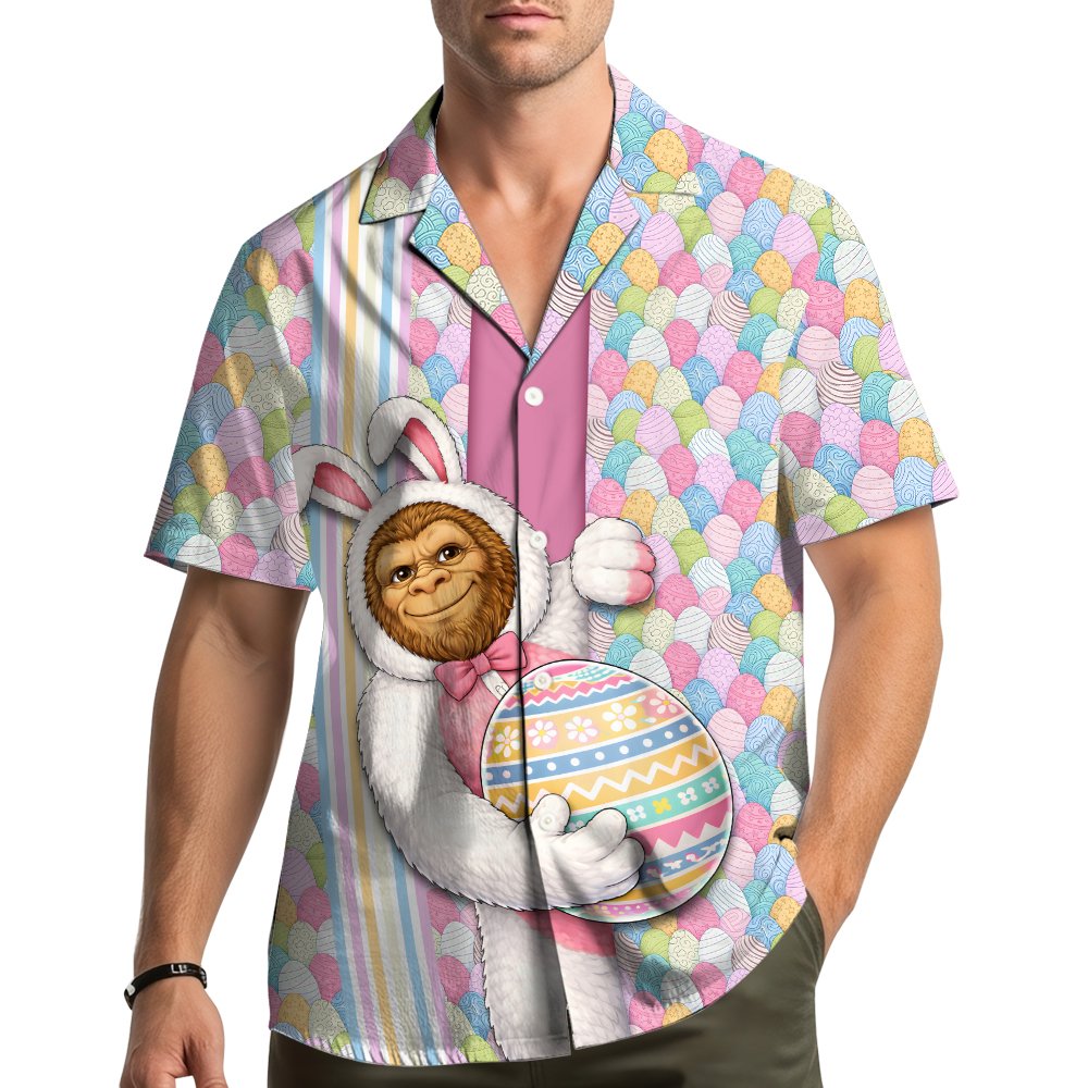Lifestyle view of someone wearing the easter bigfoot hawaiian shirt