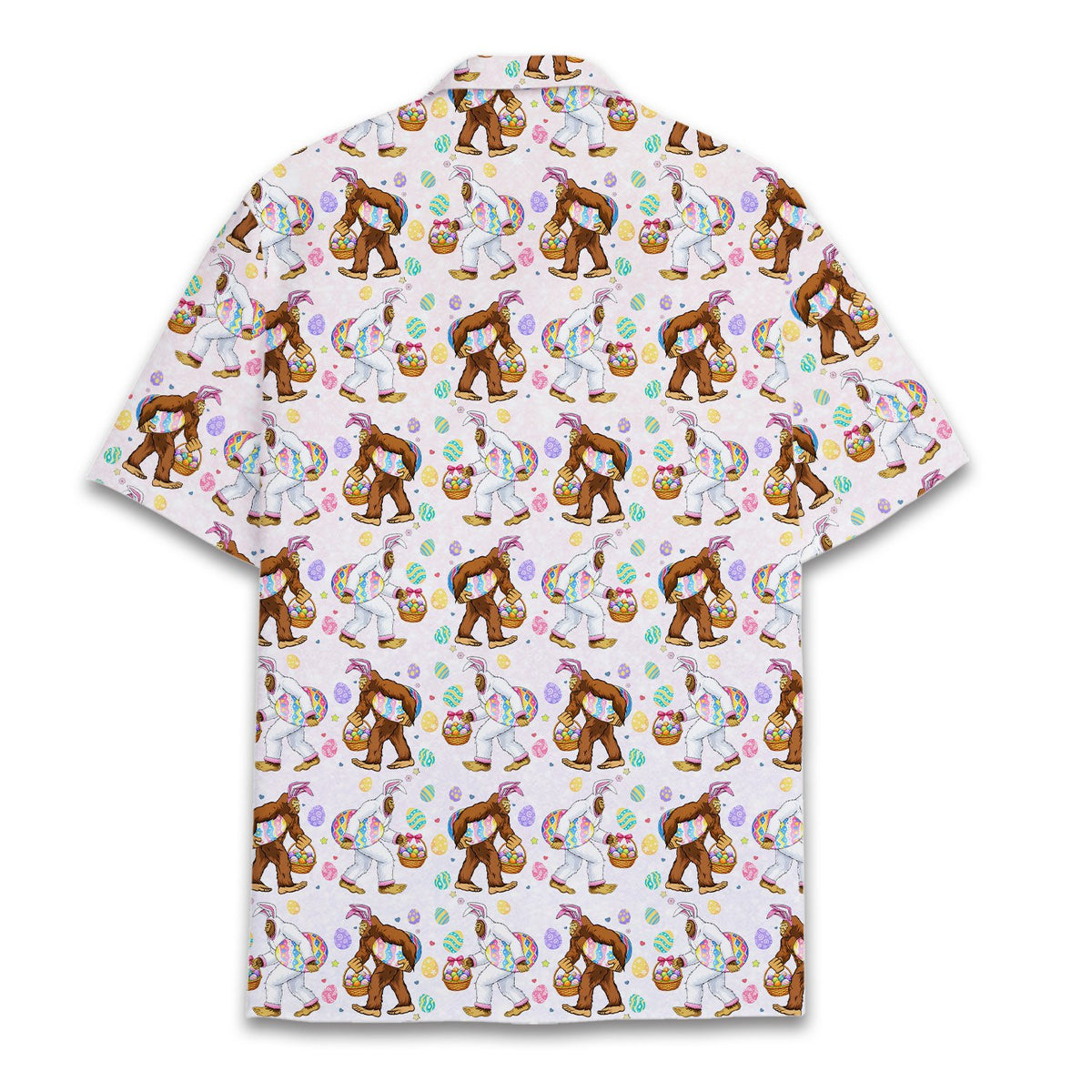 Back view of the pink easter hawaiian shirt with bigfoot design