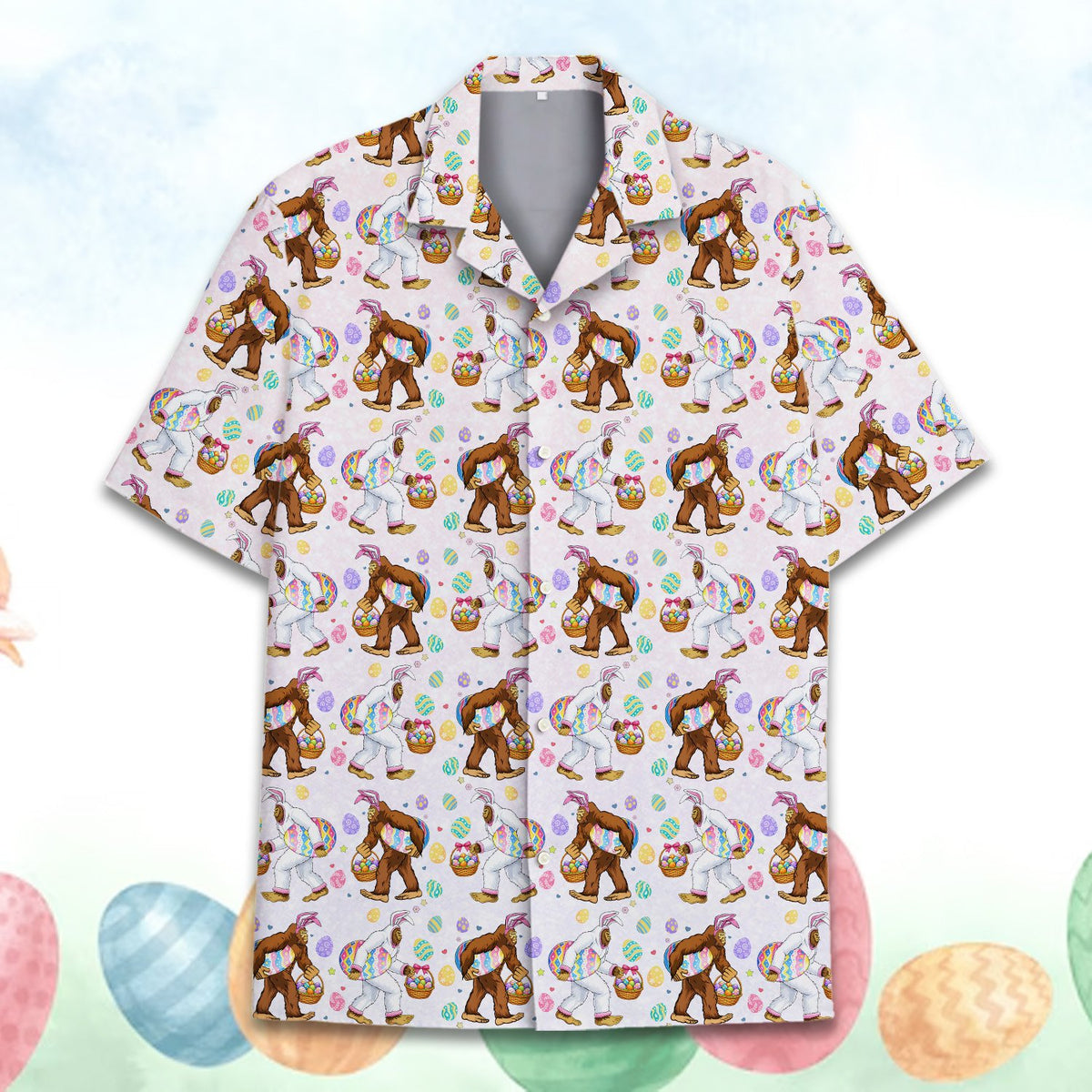 Close up front view of the Easter Bigfoot pattern on the pink hawaiian shirt