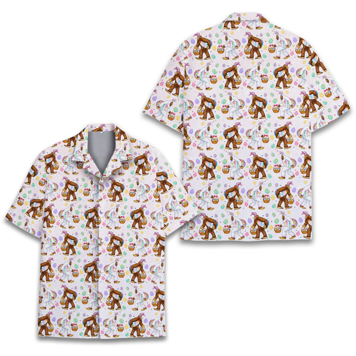 Main view of the pink easter hawaiian shirt featuring Bigfoot with bunny ears