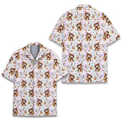 Main view of the pink easter hawaiian shirt featuring Bigfoot with bunny ears