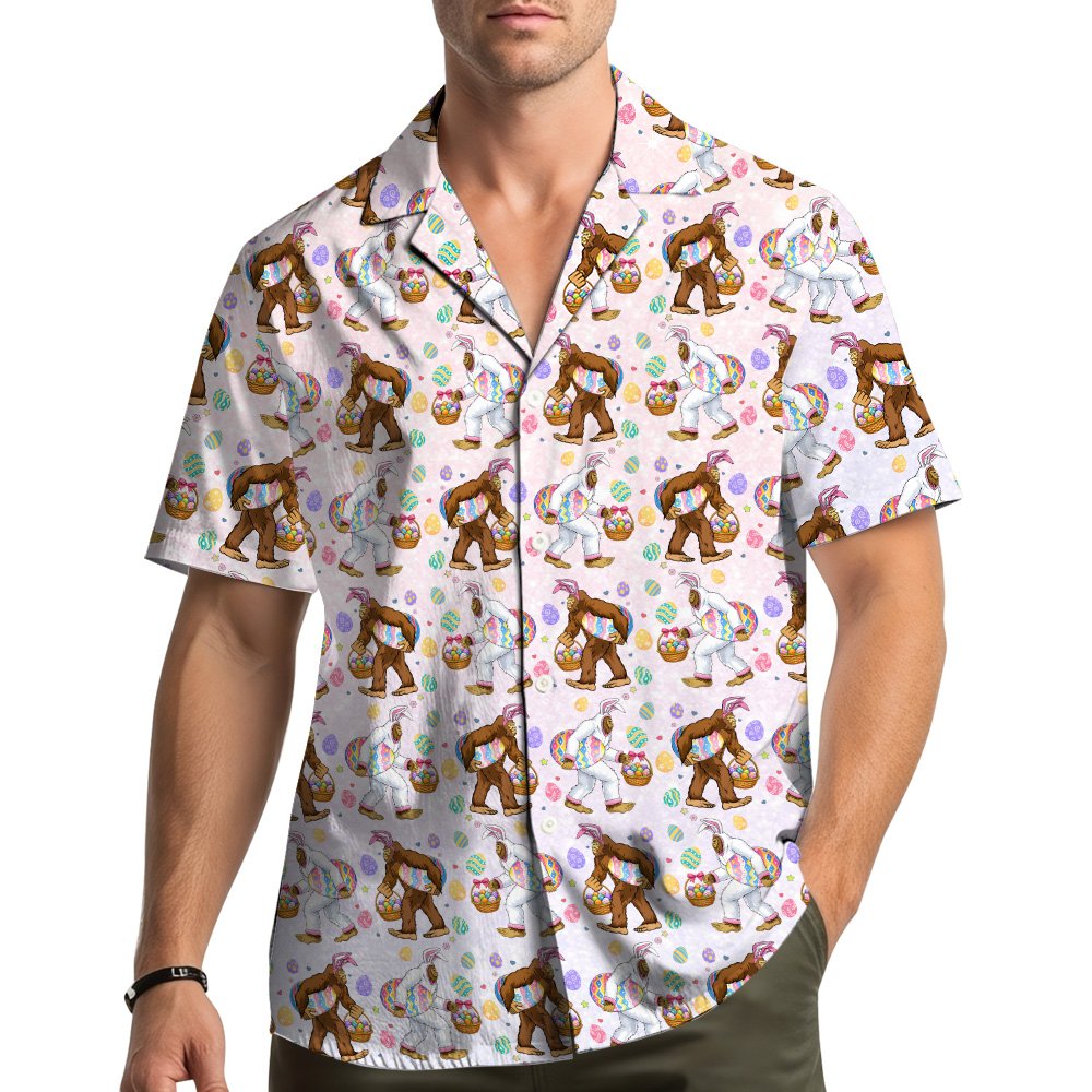 Lifestyle image of the pink easter hawaiian shirt being worn