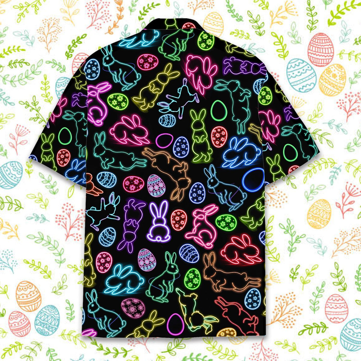 Back view of the black Easter Hawaiian shirt with neon bunnies and eggs