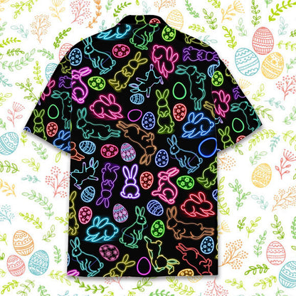 Back view of the black Easter Hawaiian shirt with neon bunnies and eggs