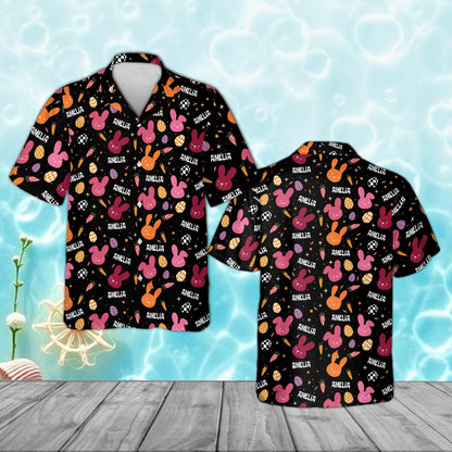 Personalized kids black easter hawaiian shirt with custom name, bunnies, and eggs, main front view