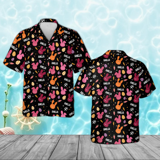 Personalized kids black easter hawaiian shirt with custom name, bunnies, and eggs, main front view