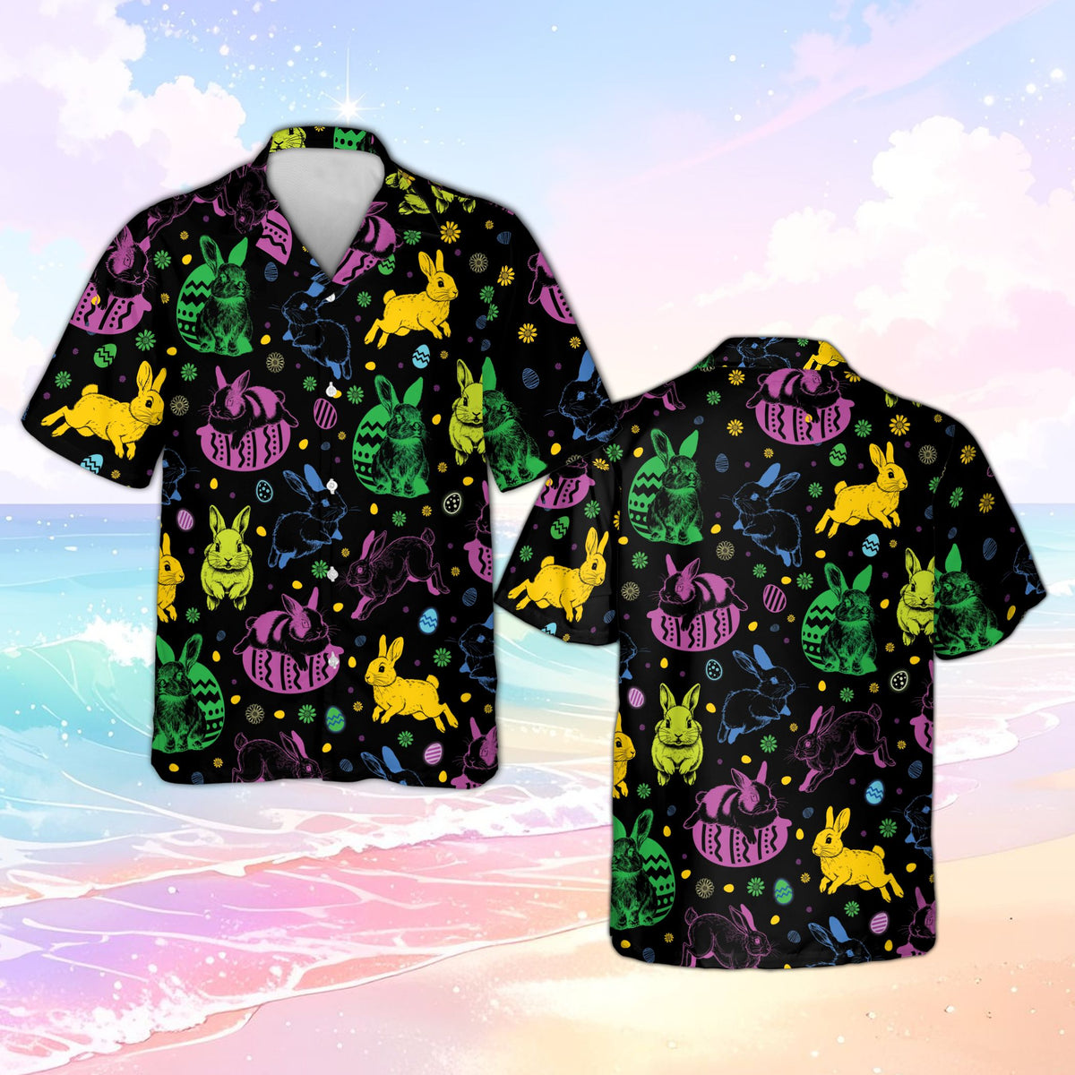 Front view of the black matching family hawaiian shirt with neon easter egg design