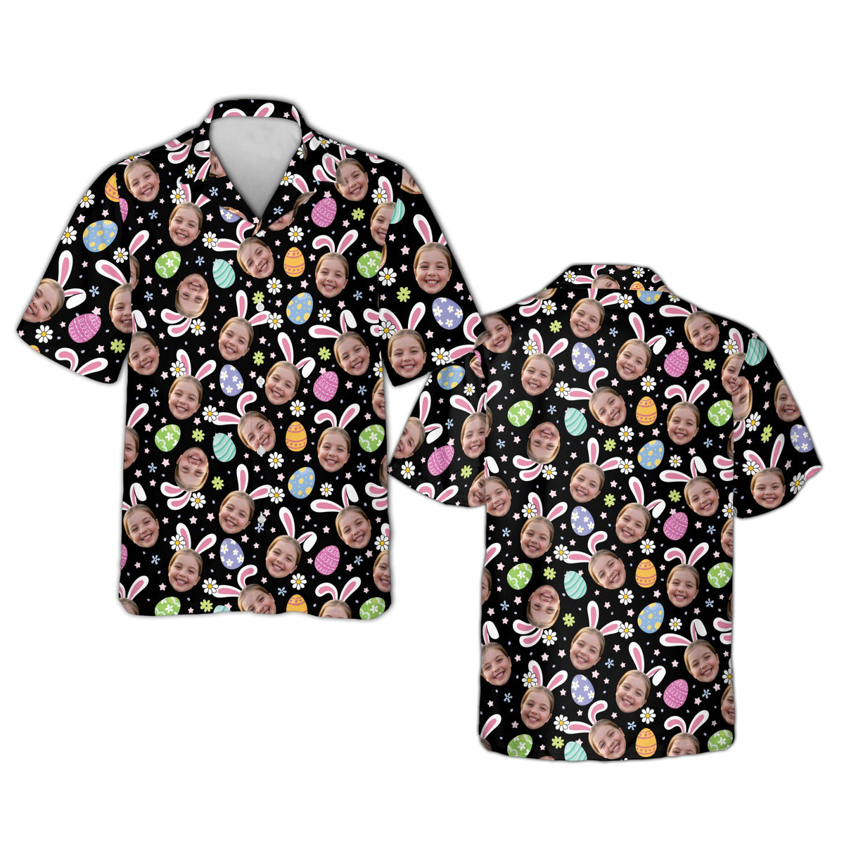 Black matching family hawaiian shirt with Easter bunny face design, front view