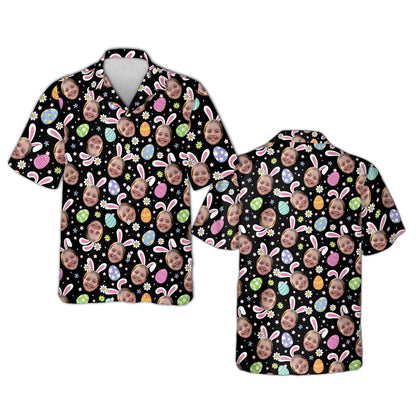 Black matching family hawaiian shirt with Easter bunny face design, front view