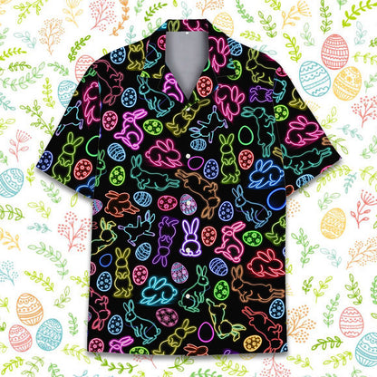 Front view of the neon bunny Easter Hawaiian shirt