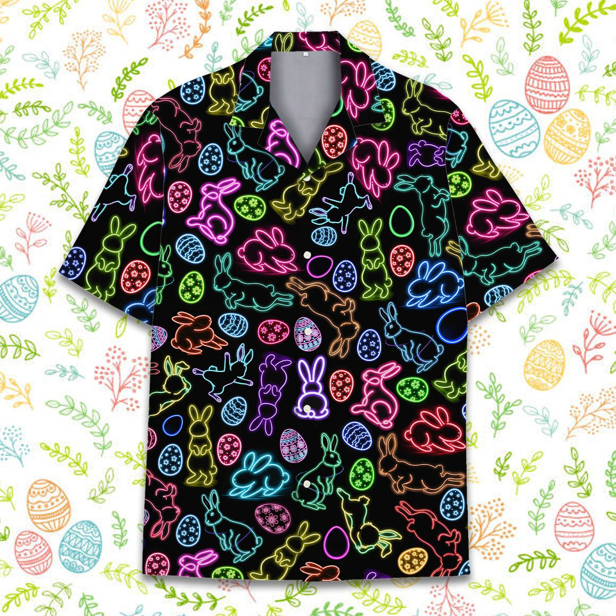 Main view of the black Easter Hawaiian shirt featuring a neon bunny and egg pattern