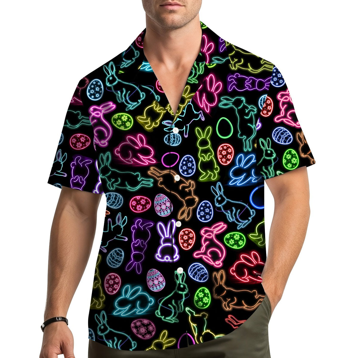 Third lifestyle view showcasing the neon bunny Easter Hawaiian shirt