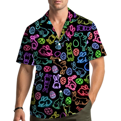 Third lifestyle view showcasing the neon bunny Easter Hawaiian shirt