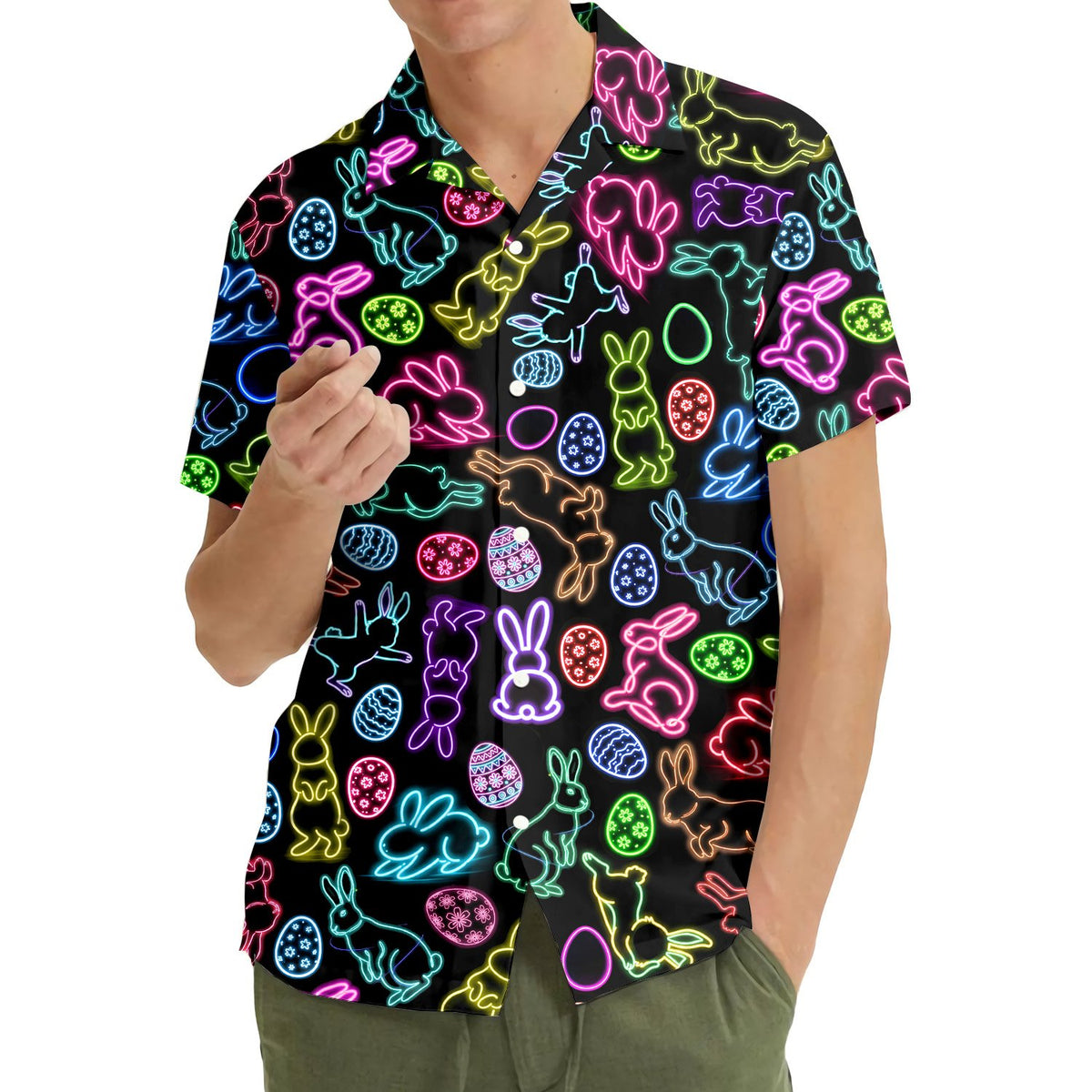 Lifestyle view of the neon bunny Easter Hawaiian shirt being worn outdoors