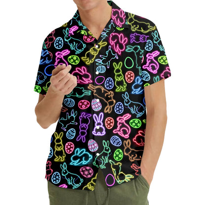 Lifestyle view of the neon bunny Easter Hawaiian shirt being worn outdoors
