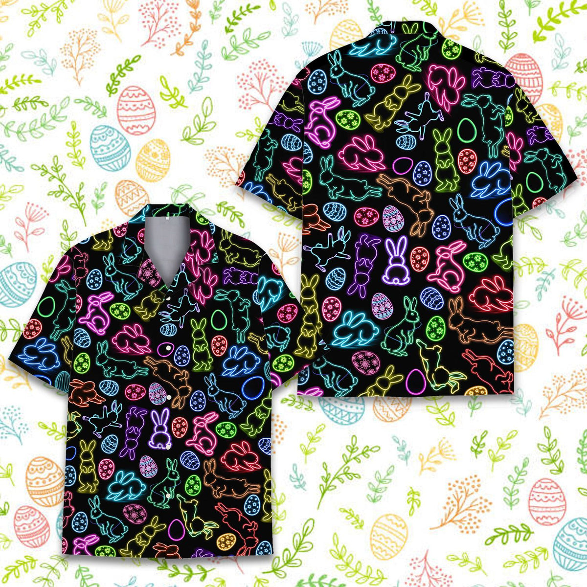 Close-up view of the neon Easter bunny and egg pattern on the black fabric