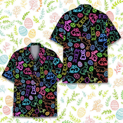 Close-up view of the neon Easter bunny and egg pattern on the black fabric