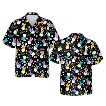 Front view of black matching family hawaiian shirt with easter bunnies and flowers