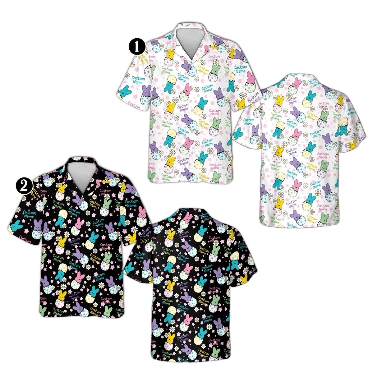 Detail view of the personalized easter bunnies and flowers hawaiian shirt