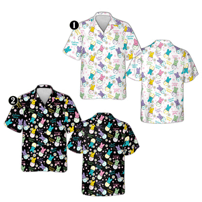 Detail view of the personalized easter bunnies and flowers hawaiian shirt