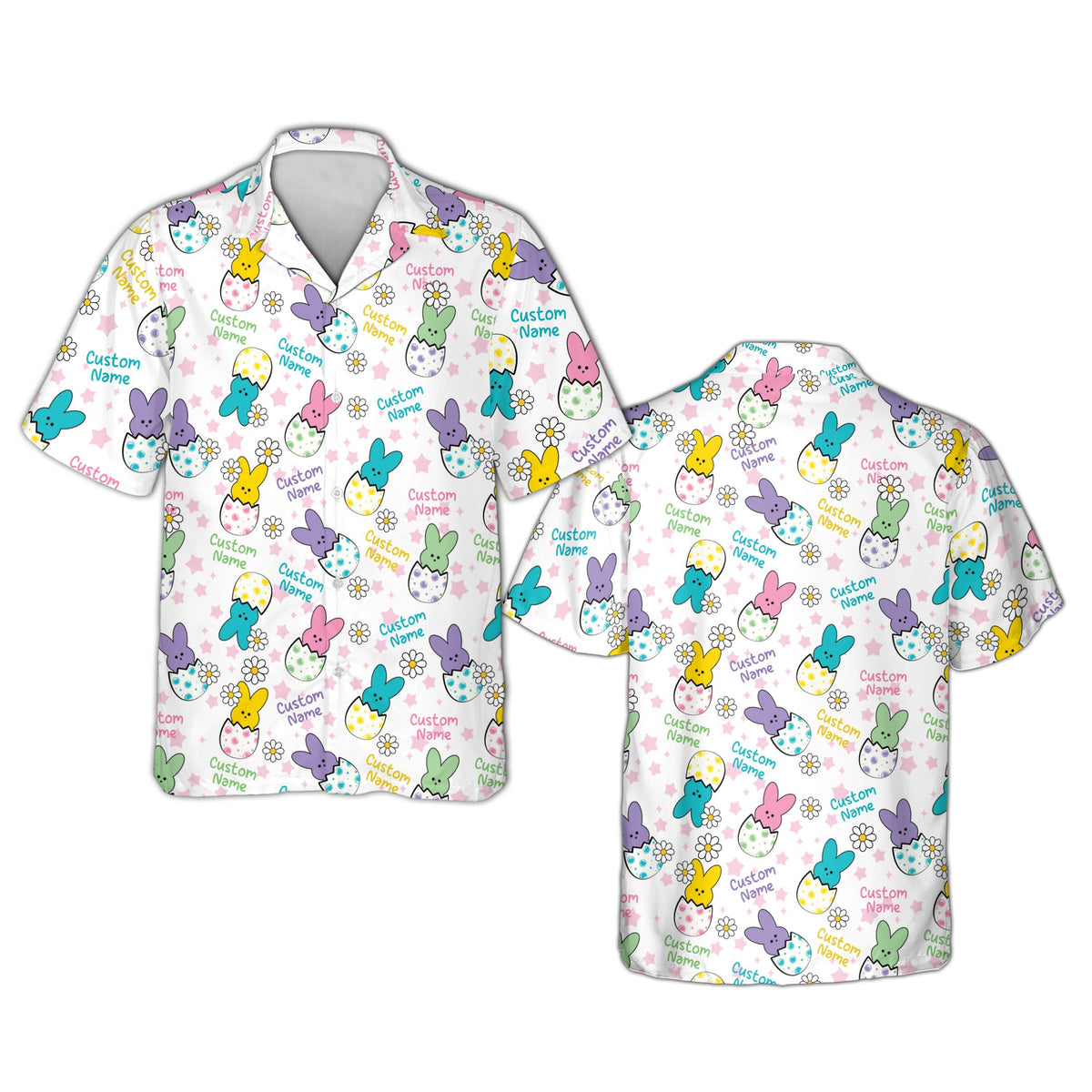 Matching easter bunnies and flowers hawaiian shirt in white with custom name, main view
