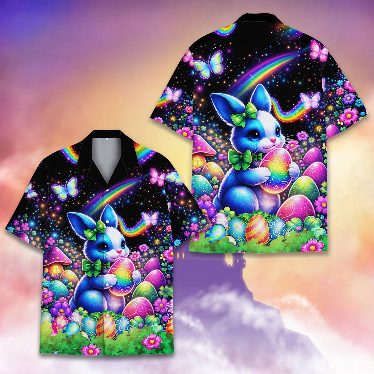 Back view of the easter bunny and eggs hawaiian shirt