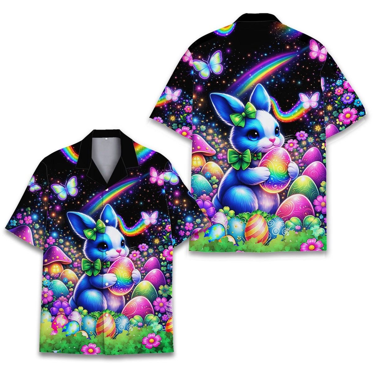 Close up front view of the holiday hawaiian shirt with spring motifs