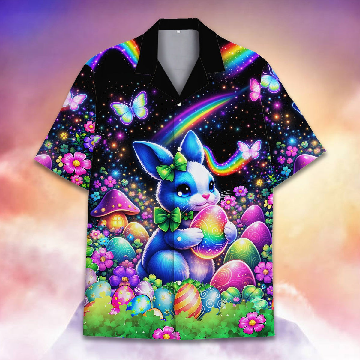 Main view of the easter bunny and eggs hawaiian shirt