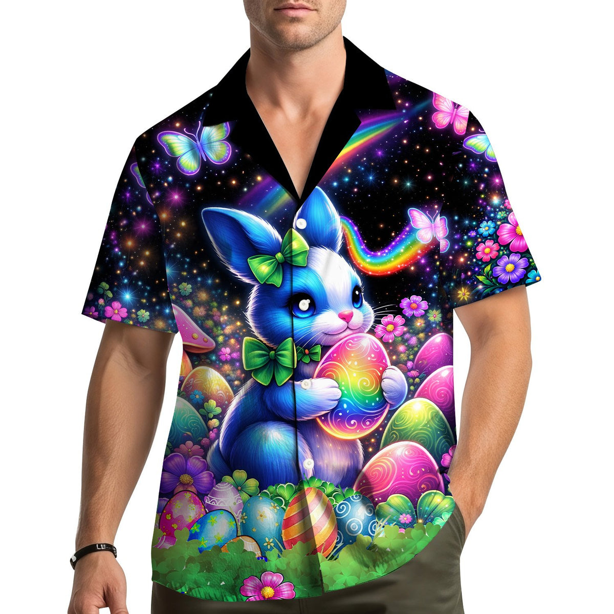 Lifestyle shot of people wearing matching easter hawaiian shirts