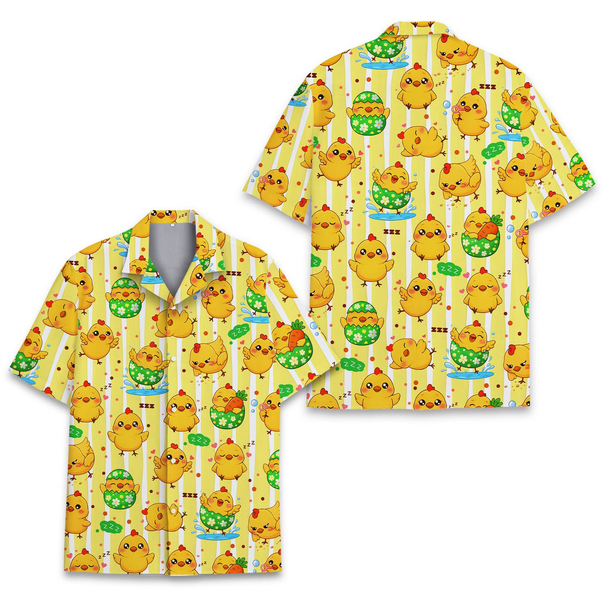 Close-up front view of the Easter chicks hawaiian shirt showing pattern details