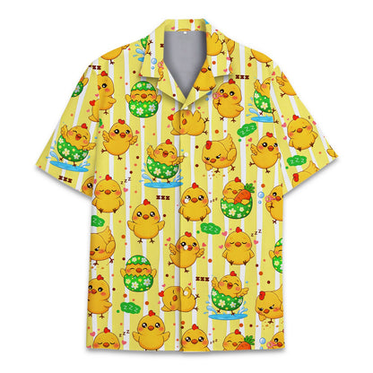 Front view of the Easter chicks hawaiian shirt with yellow and white stripes