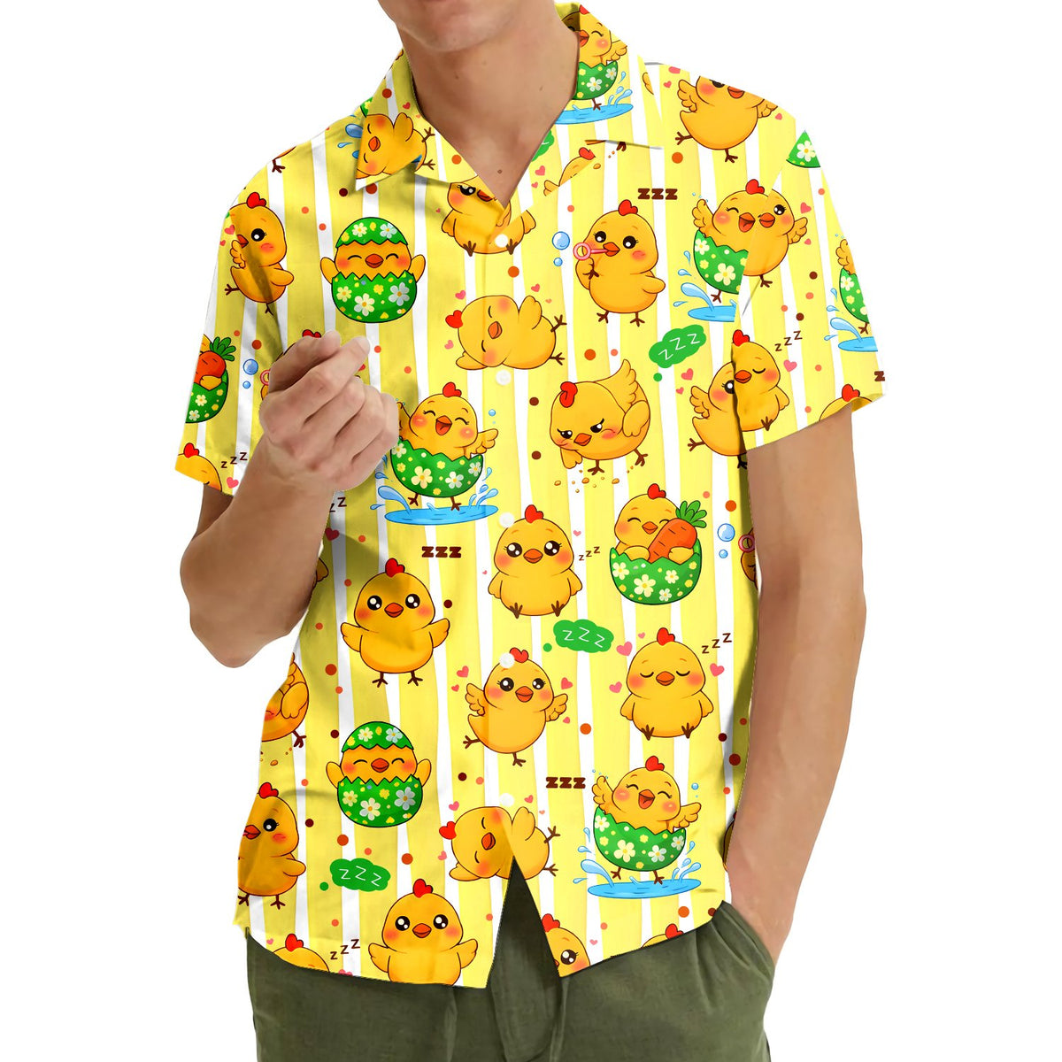 Second lifestyle view of a family wearing the yellow easter hawaiian shirt