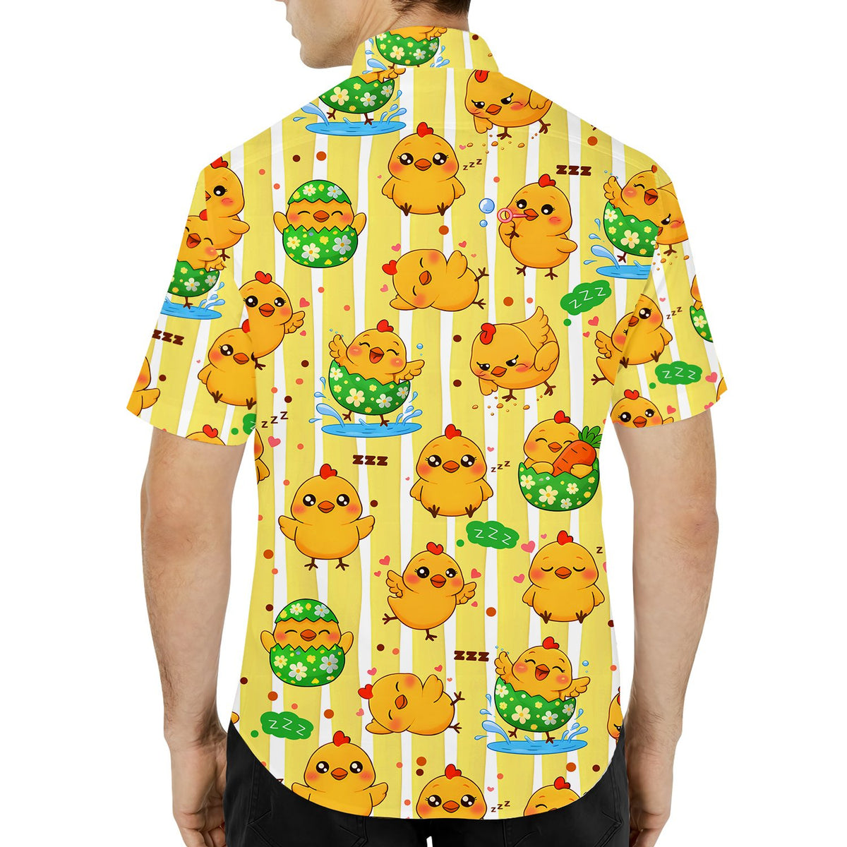 Third lifestyle view showing the easter chicks hawaiian shirt worn outdoors
