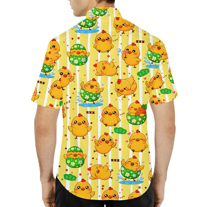 Third lifestyle view showing the easter chicks hawaiian shirt worn outdoors